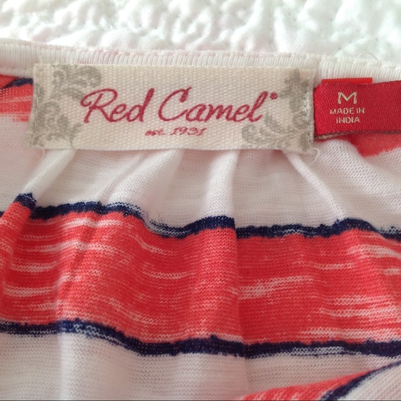 Red Camel Striped V-Neck Blouse - Coral White, Blue - Picture 4 of 5